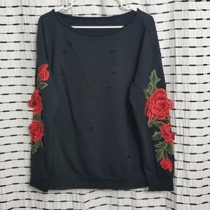 Embroidered Rose Sleeve Tear Front Sweat